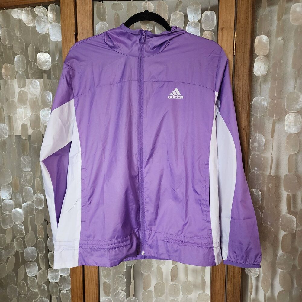 Adidas Windbreaker Jacket Purple White Hooded Full Zip Lightweight Women M NWT
